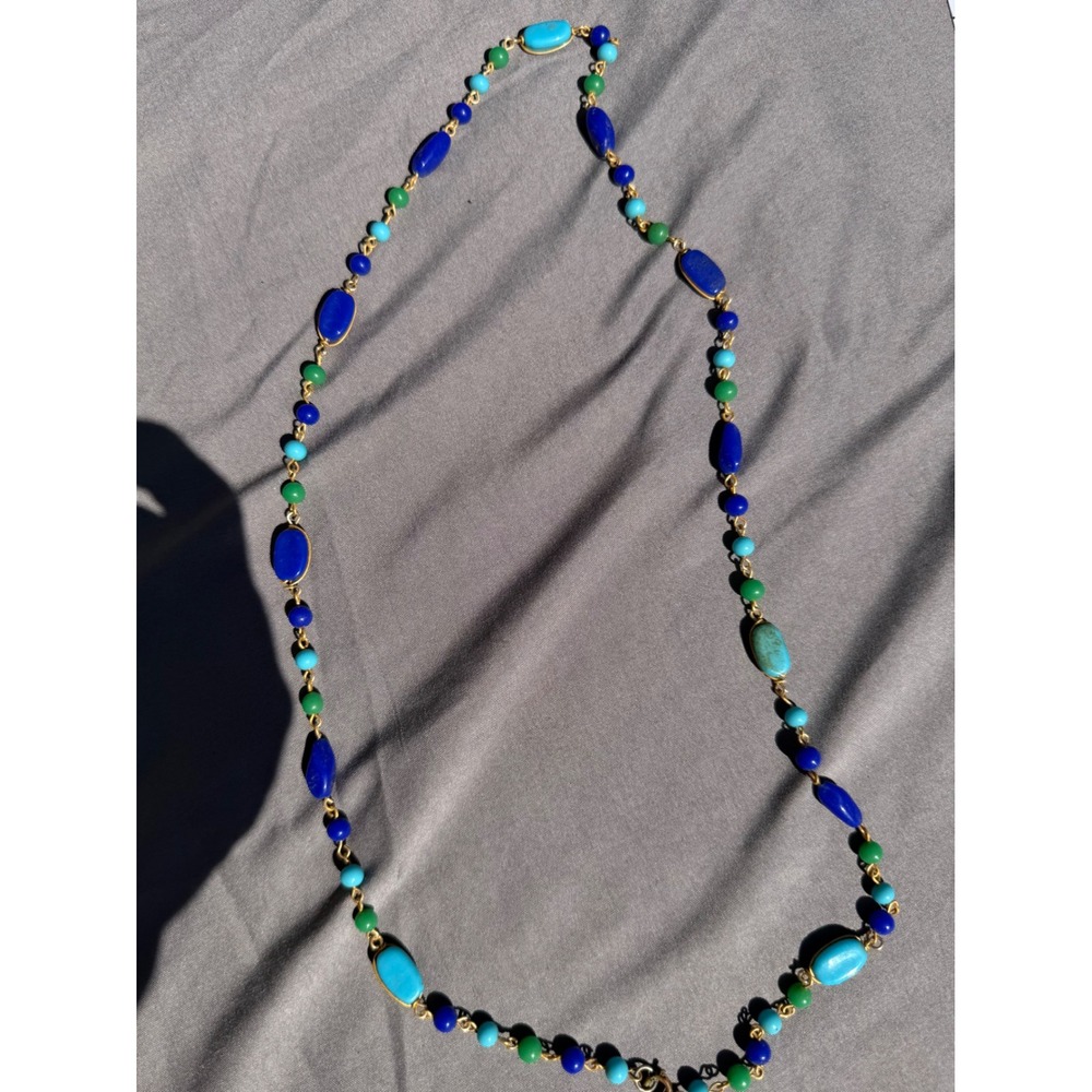 Vintage Boho Lapis Turquoise Green Stone Gold Tone Long Station Necklace 30.5"
